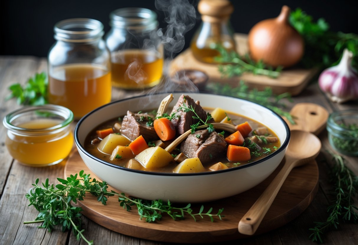 A bowl of Irish lamb stew with vegetables and herbs on a wooden table surrounded by ingredients and jars of broth.