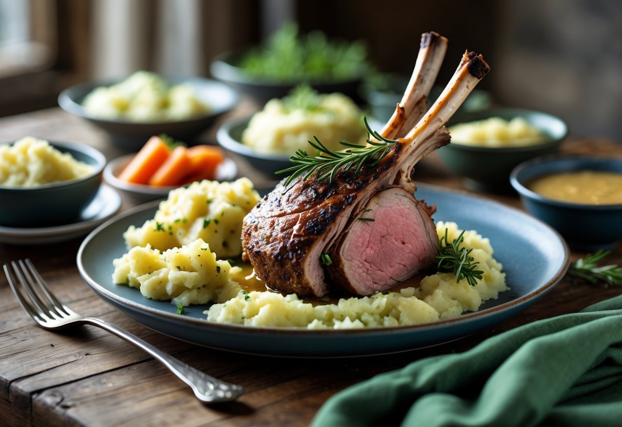 A plated serving of roasted Irish lamb with traditional side dishes including mashed potatoes with cabbage and buttered carrots on a wooden table.