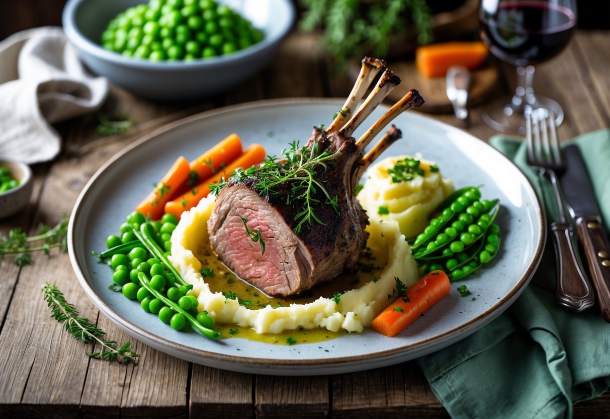 A plated Irish lamb dish with mashed potatoes, green peas, and carrots on a wooden table with herbs and a glass of red wine.