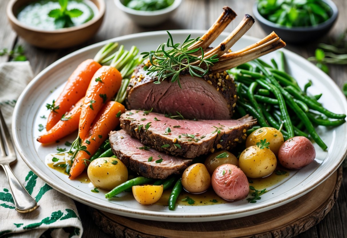 A plate of roasted Irish lamb with fresh herbs and seasonal vegetables on a wooden table.