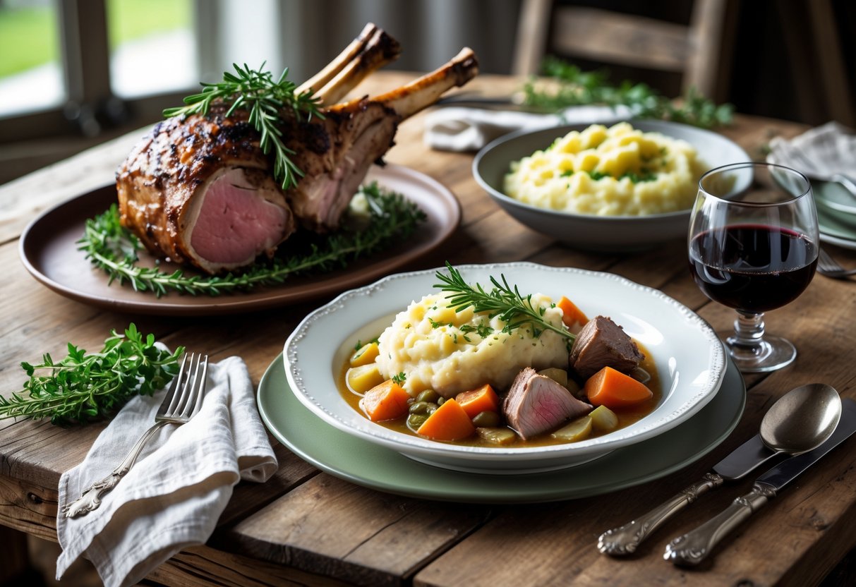 A wooden table with traditional Irish lamb dishes including roasted leg of lamb, lamb stew, and mashed potatoes, set with tableware and a glass of red wine.