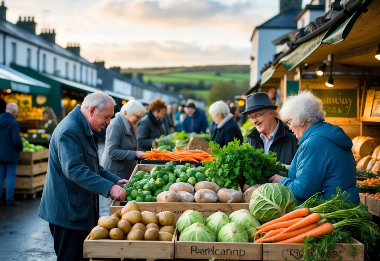 Produce stalls at an outdoor market in Ireland