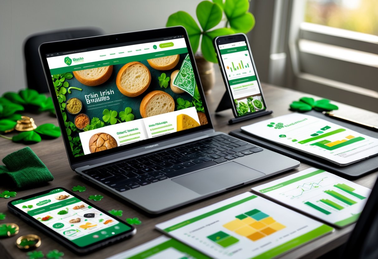 A workspace with a laptop showing Irish food products on a website, surrounded by a smartphone, tablet with graphs, and branding sketches, with a small shamrock plant nearby.