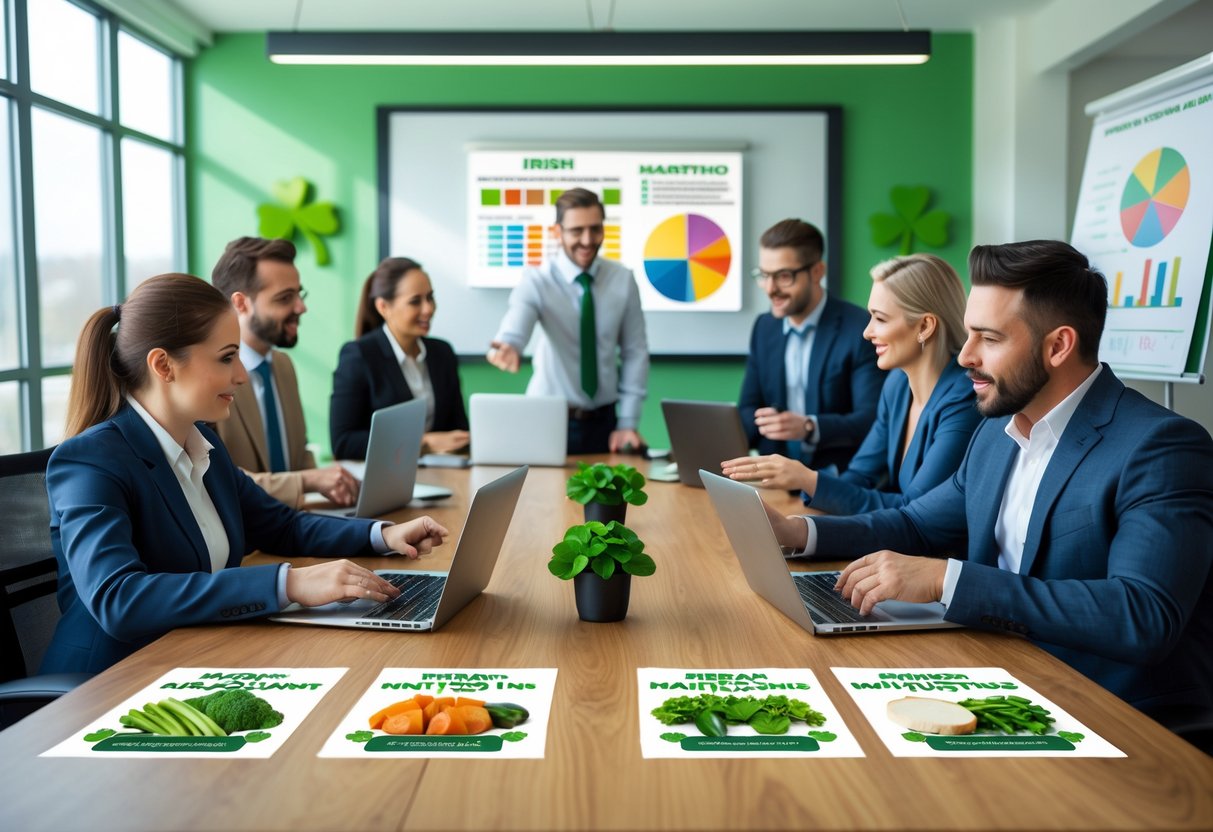A group of business professionals in a bright meeting room discussing marketing strategies with images of Irish food and beverages on the table.