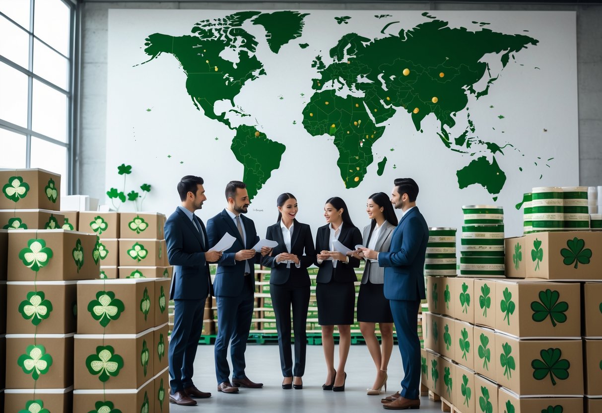 Business professionals discussing Irish food products in a warehouse with a world map showing export destinations.