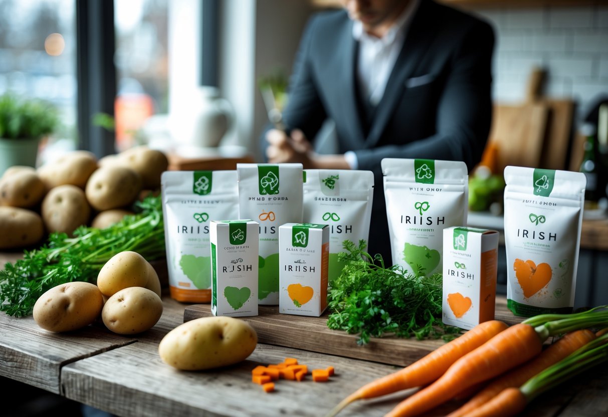 A table with fresh Irish food ingredients and packaged products with Celtic-inspired designs, with a person in the background examining them.