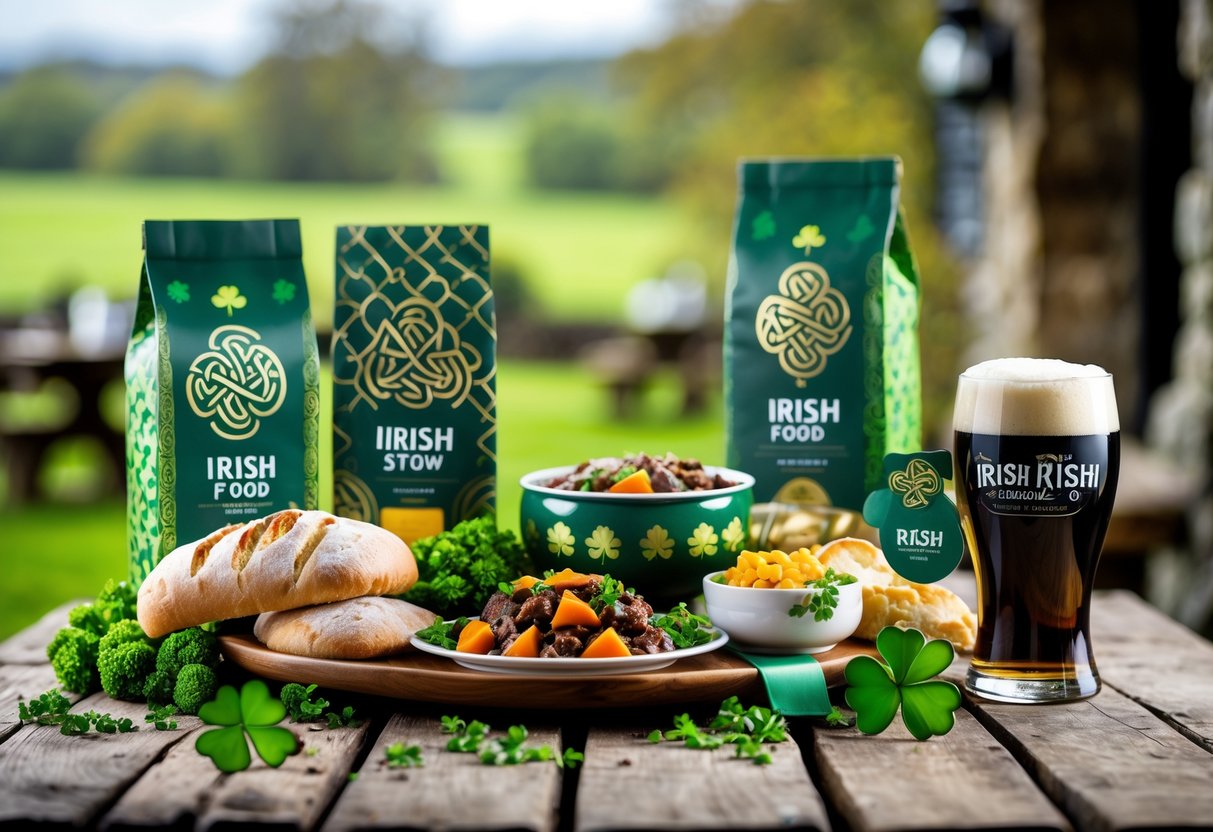 A table displaying traditional Irish food and branded packaging with Celtic designs and green accents, set against a green countryside background.
