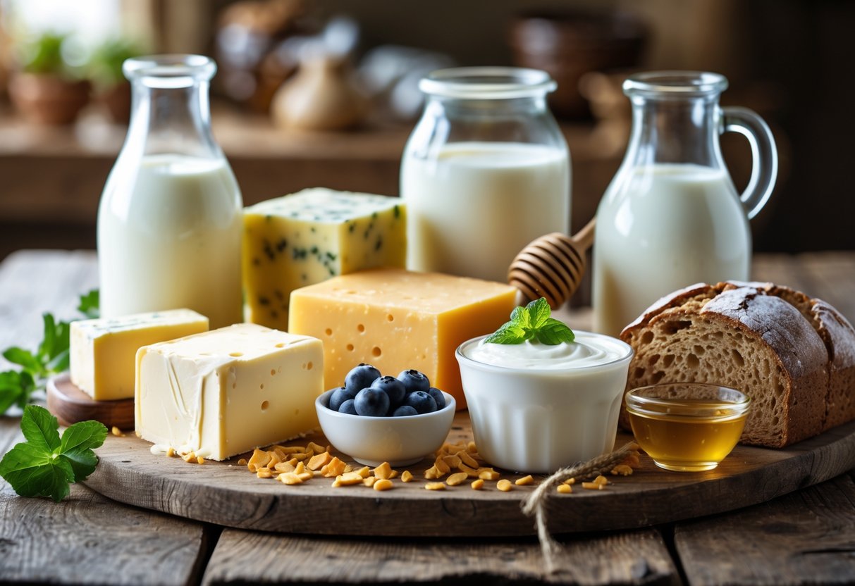 An assortment of fresh Irish dairy products with bread, honey, and berries arranged on a wooden table.