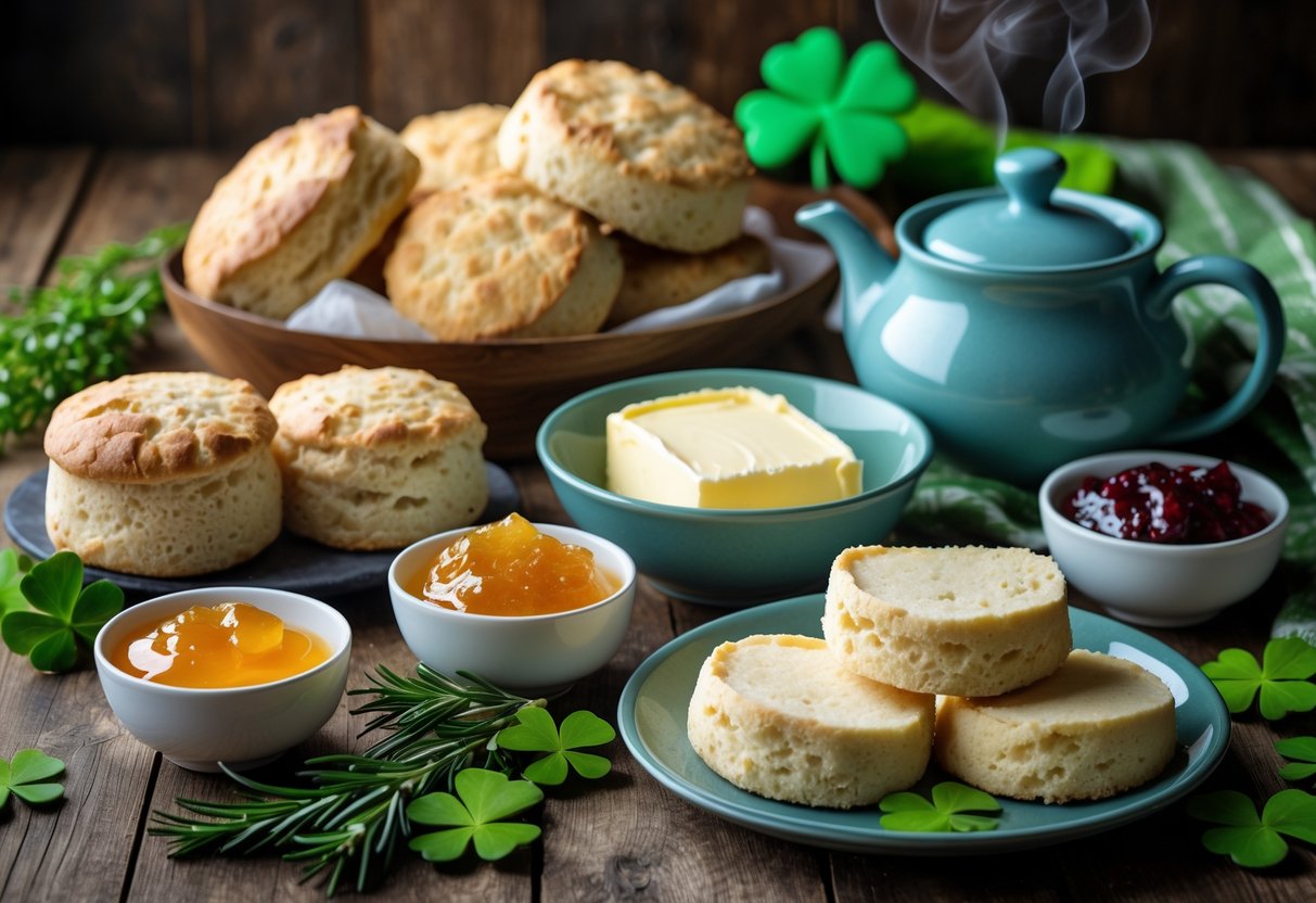 A table with traditional Irish food treats including soda bread, scones, Irish butter, jams, and a pot of tea.