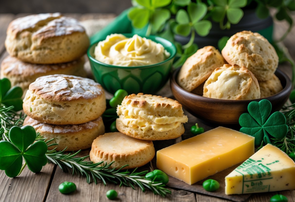 An assortment of traditional Irish food treats including soda bread, scones, shortbread cookies, Irish butter, and cheddar cheese arranged on a wooden table with green shamrocks and herbs.