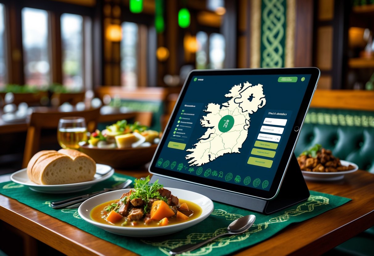 A modern restaurant table with a touchscreen device showing a reservation system, surrounded by traditional Irish food dishes in a cozy Irish restaurant setting.