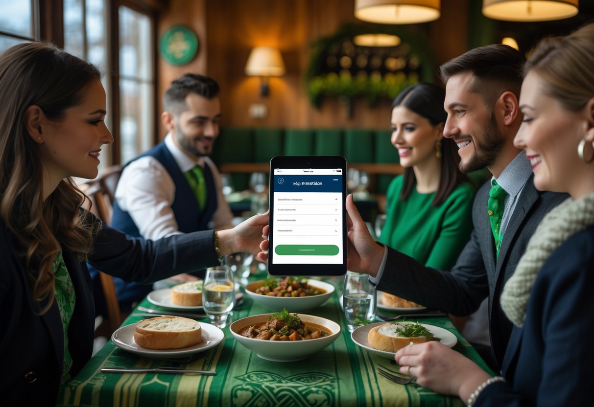 People using a tablet to make an online reservation in a cozy Irish restaurant with traditional decor and tables set with Irish food.