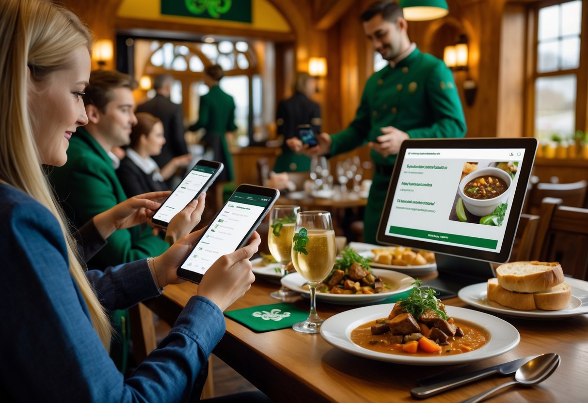 Customers in an Irish restaurant using smartphones to place food orders while traditional Irish dishes are served on the table.