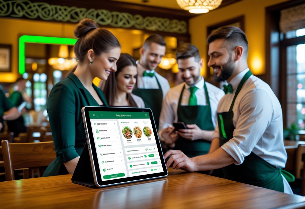 Restaurant staff using a digital device to manage reservations in a warmly lit Irish restaurant with traditional decor.