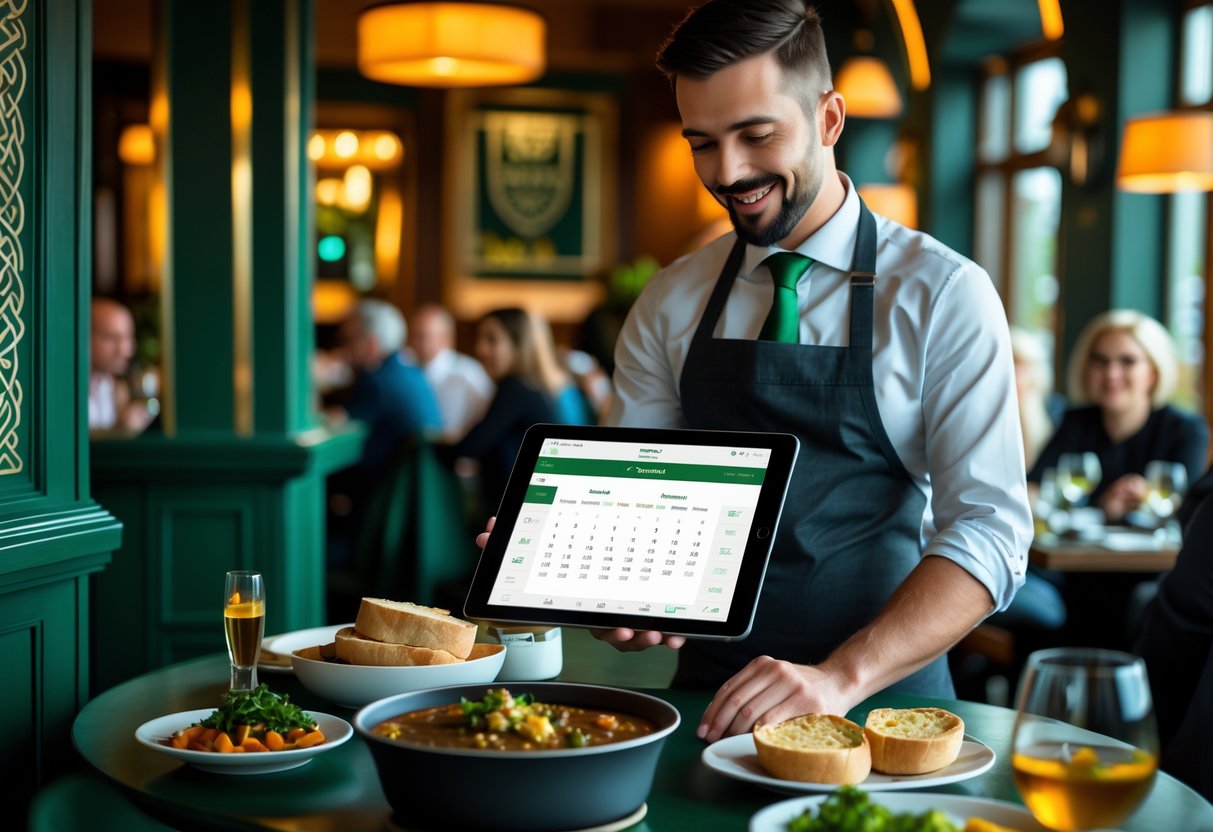 A restaurant manager using a digital tablet to manage reservations in a warmly lit Irish restaurant with diners enjoying traditional Irish food.