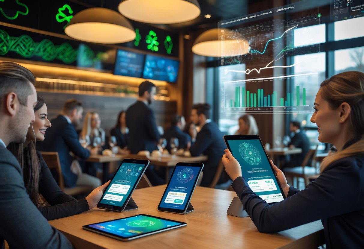 People using digital devices to make food reservations in a modern Irish restaurant with a blend of traditional and futuristic design elements.