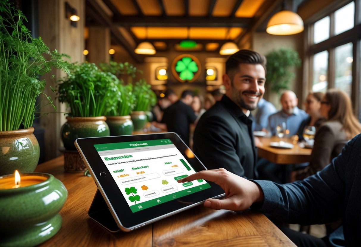 A restaurant staff member using a digital device to manage reservations in a warmly decorated Irish restaurant with customers waiting in the background.