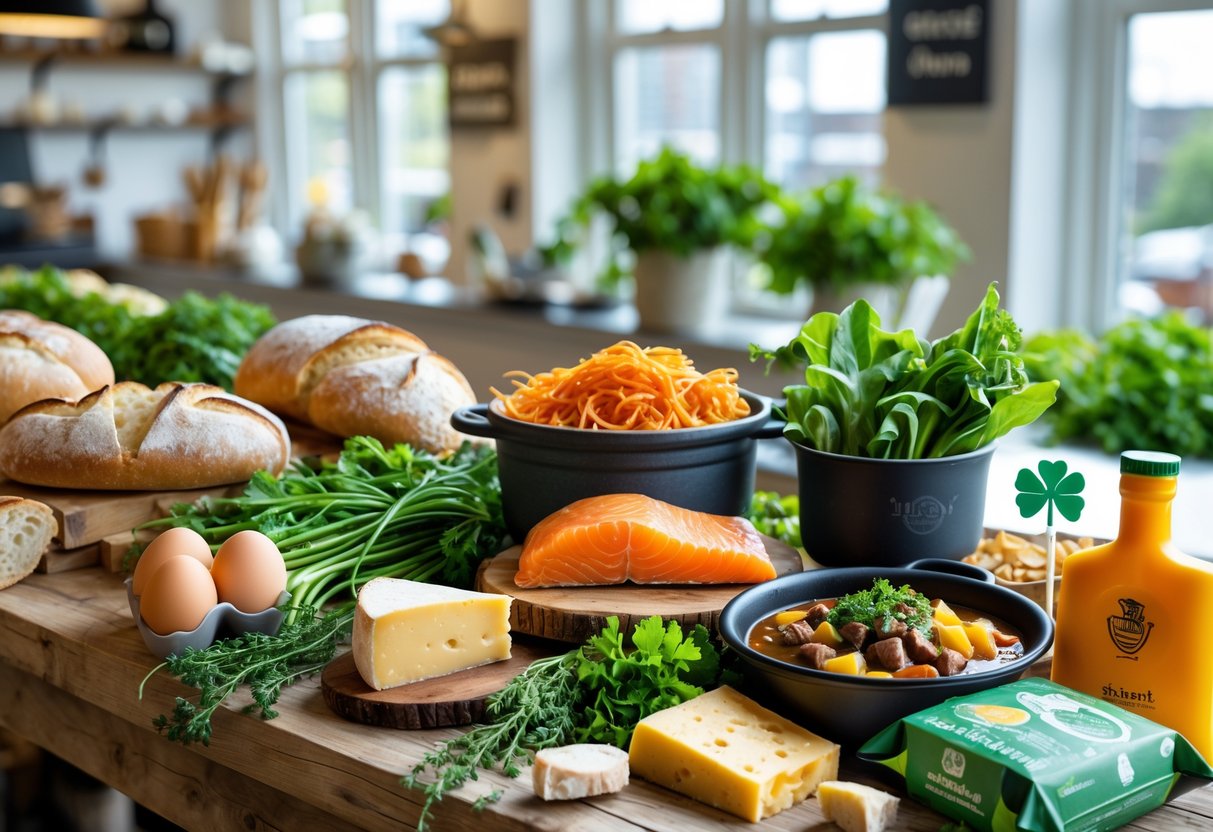A wooden table with traditional Irish foods including bread, vegetables, eggs, smoked salmon, cheese, and stew in a bright kitchen setting.