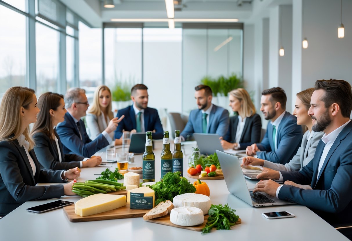 Business professionals in a meeting room discussing Irish food products displayed on a table.