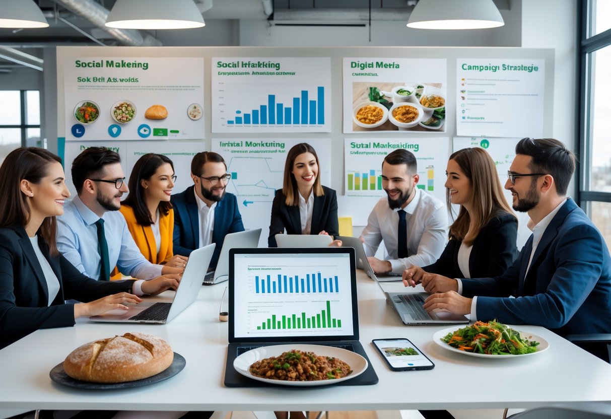 A team of marketing professionals collaborating around a table with digital devices showing social media data and images of Irish food in a bright office.