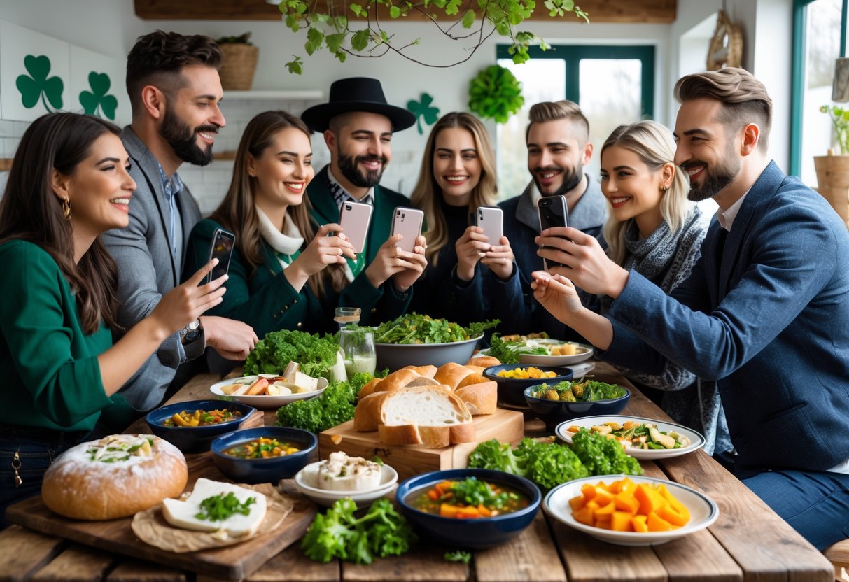 A group of people sharing and photographing traditional Irish food around a wooden table in a bright, welcoming setting.