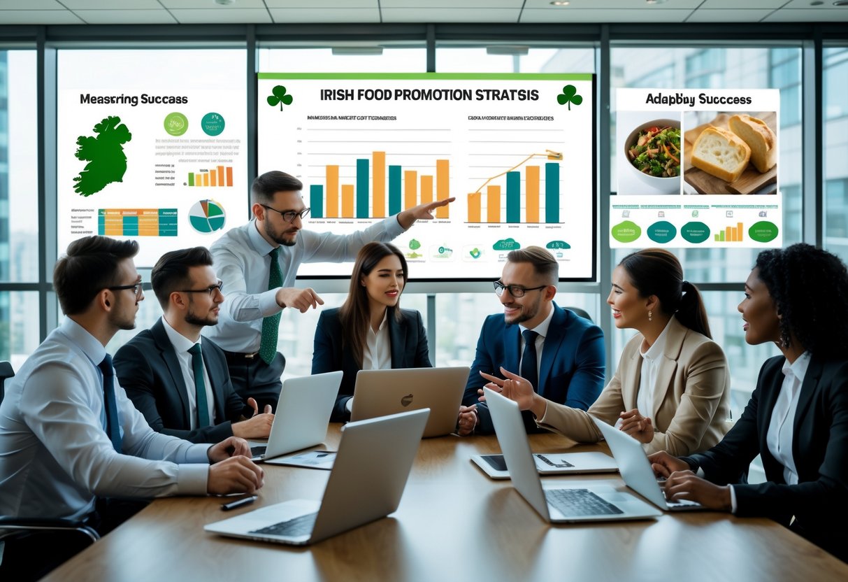 A diverse team of professionals in a modern office reviewing charts and data about Irish food promotion strategies around a conference table.