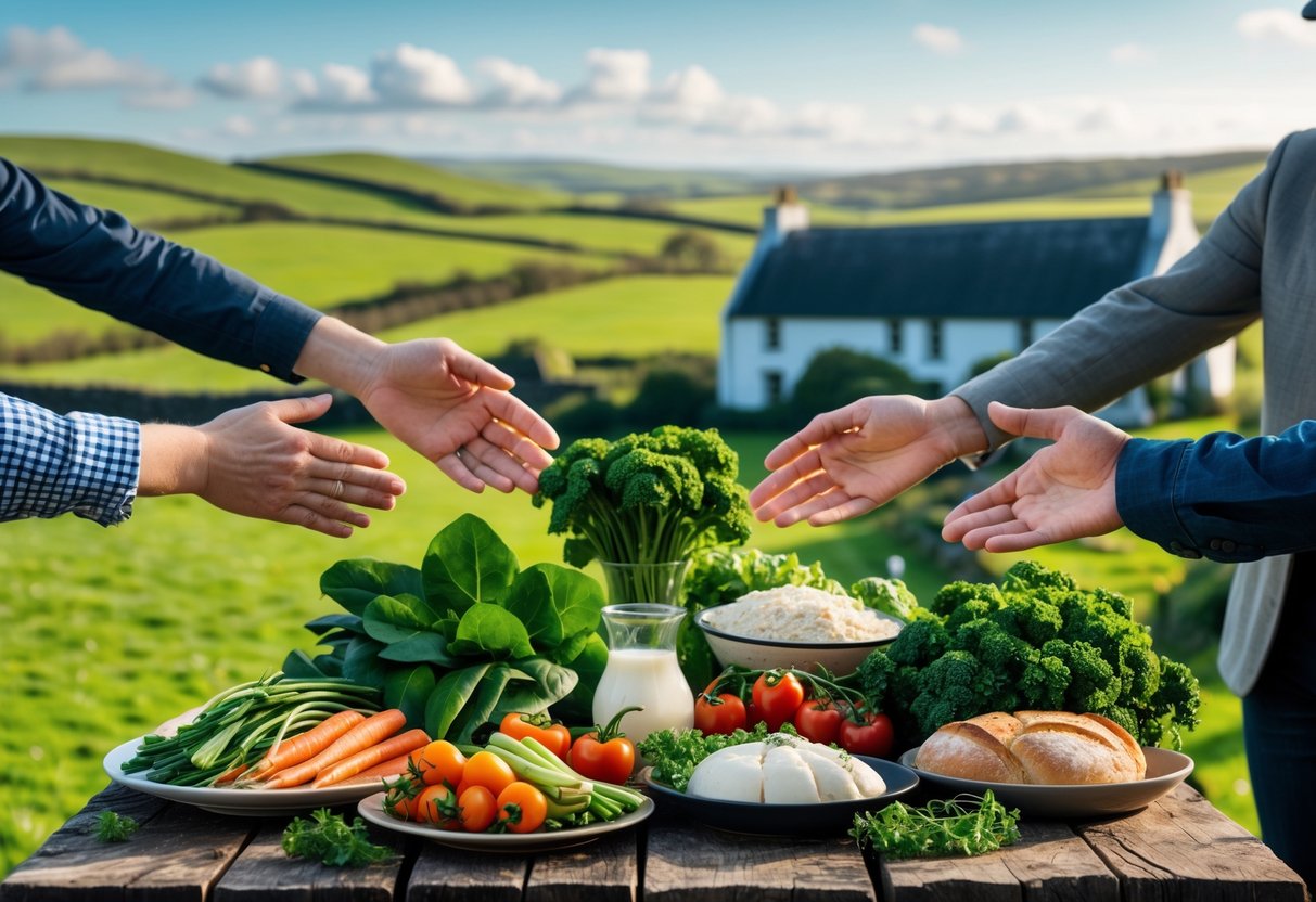 A table with fresh Irish foods and people’s hands working together, with green Irish countryside in the background.