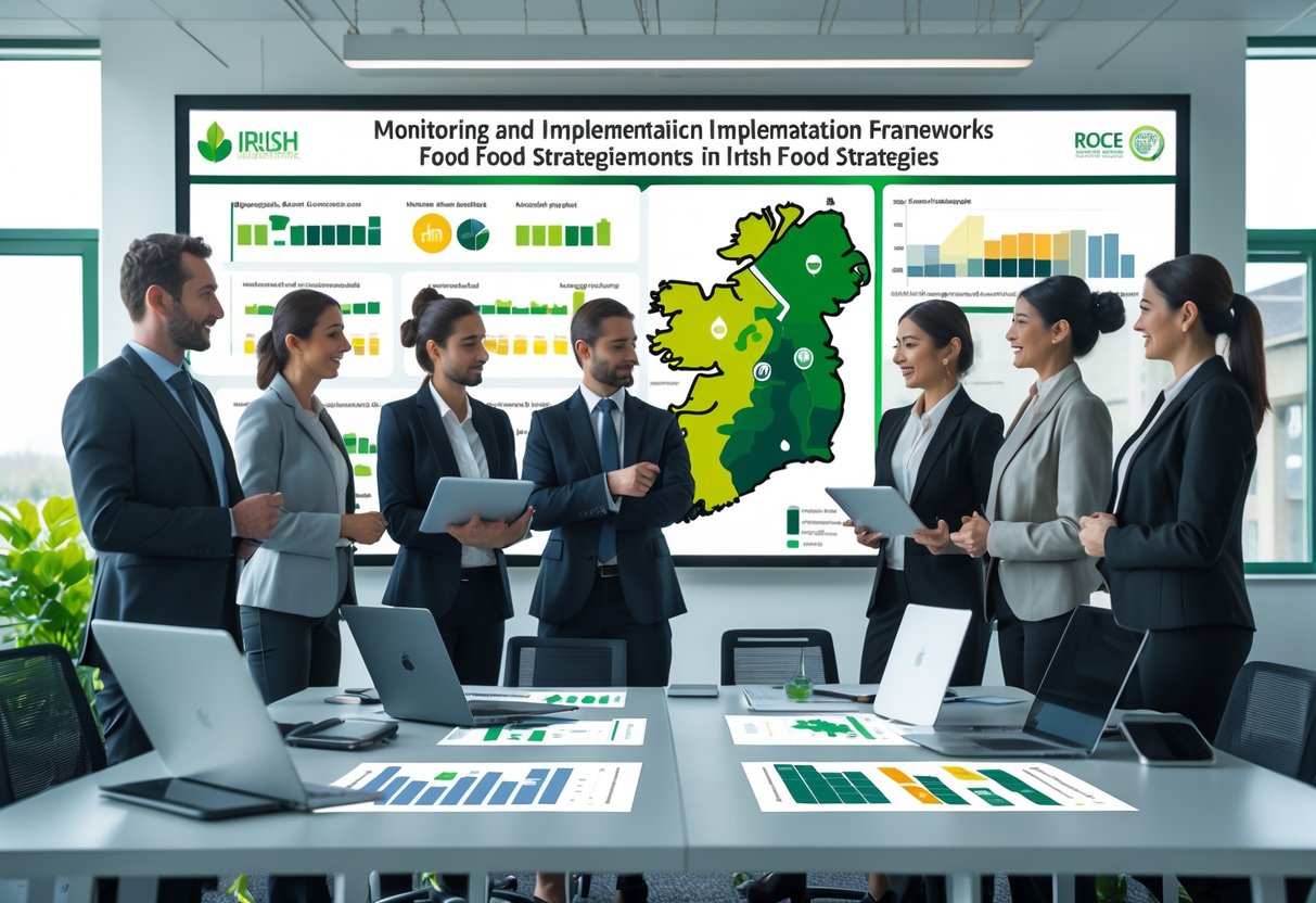 A group of professionals working together around a conference table with laptops and charts, with a digital screen showing a map of Ireland and agricultural data in a modern office.