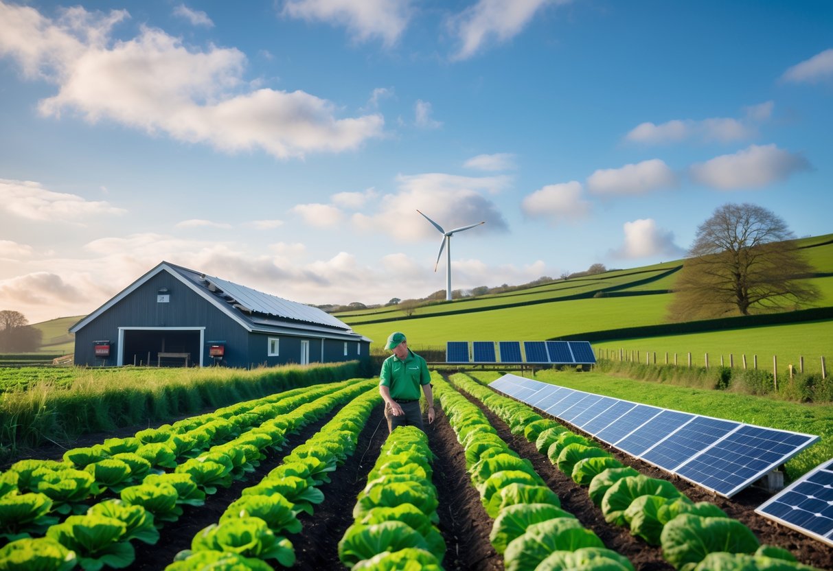 A farmer inspects organic vegetables on a green Irish farm with solar panels and a wind turbine in the background.