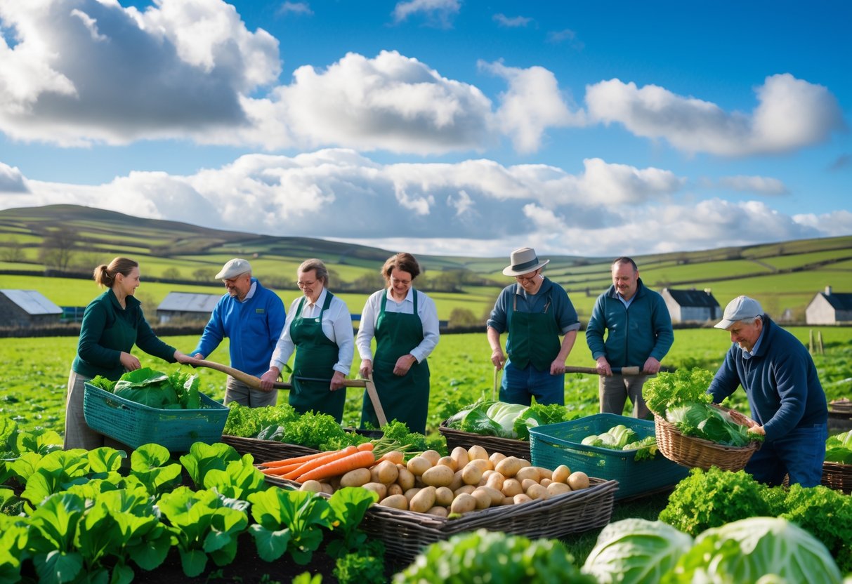 Farmers harvesting vegetables on a green Irish farm with rolling hills and sheep in the background.