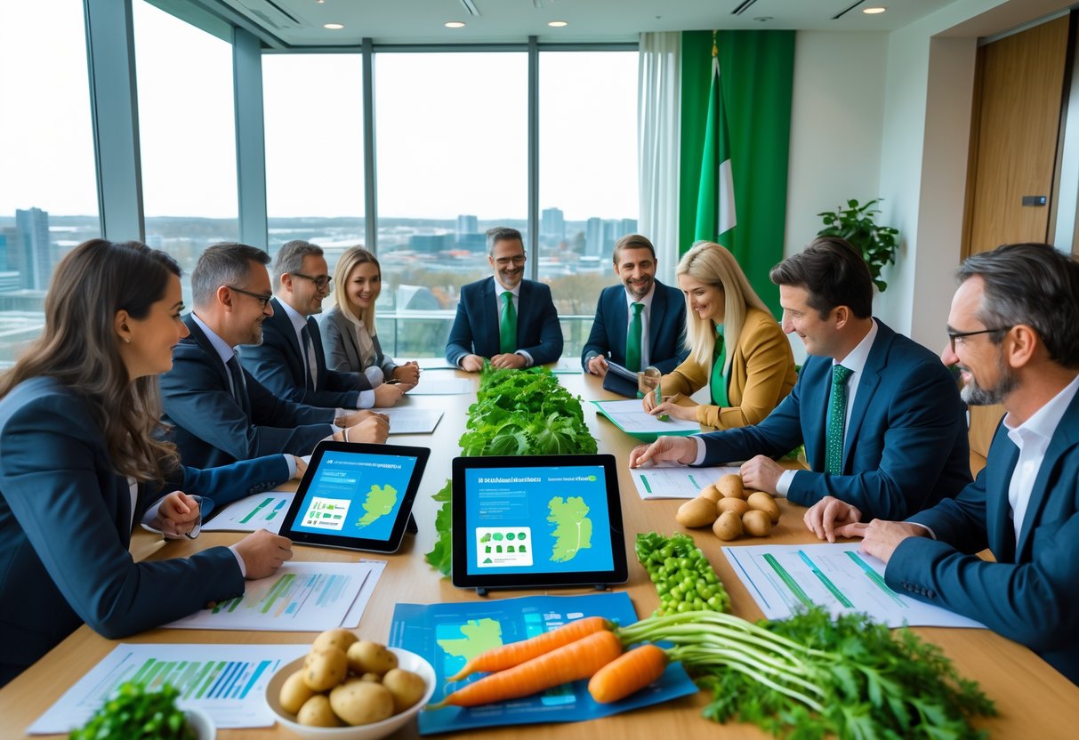 A diverse group of professionals discussing Irish food strategies around a conference table with fresh produce samples in a modern meeting room.