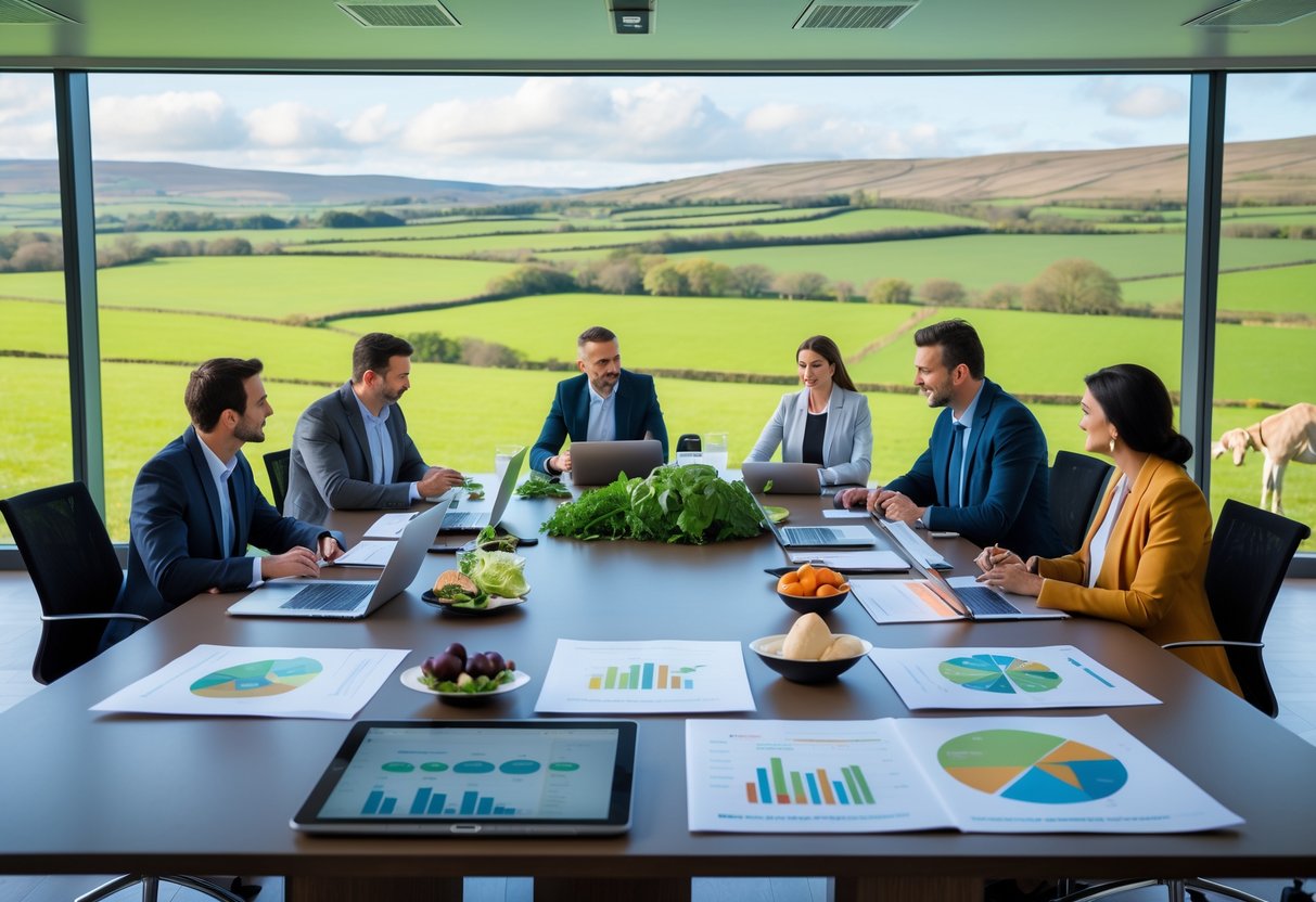 A group of professionals discussing food strategies around a table with laptops and documents, with green Irish farmland visible through a window.