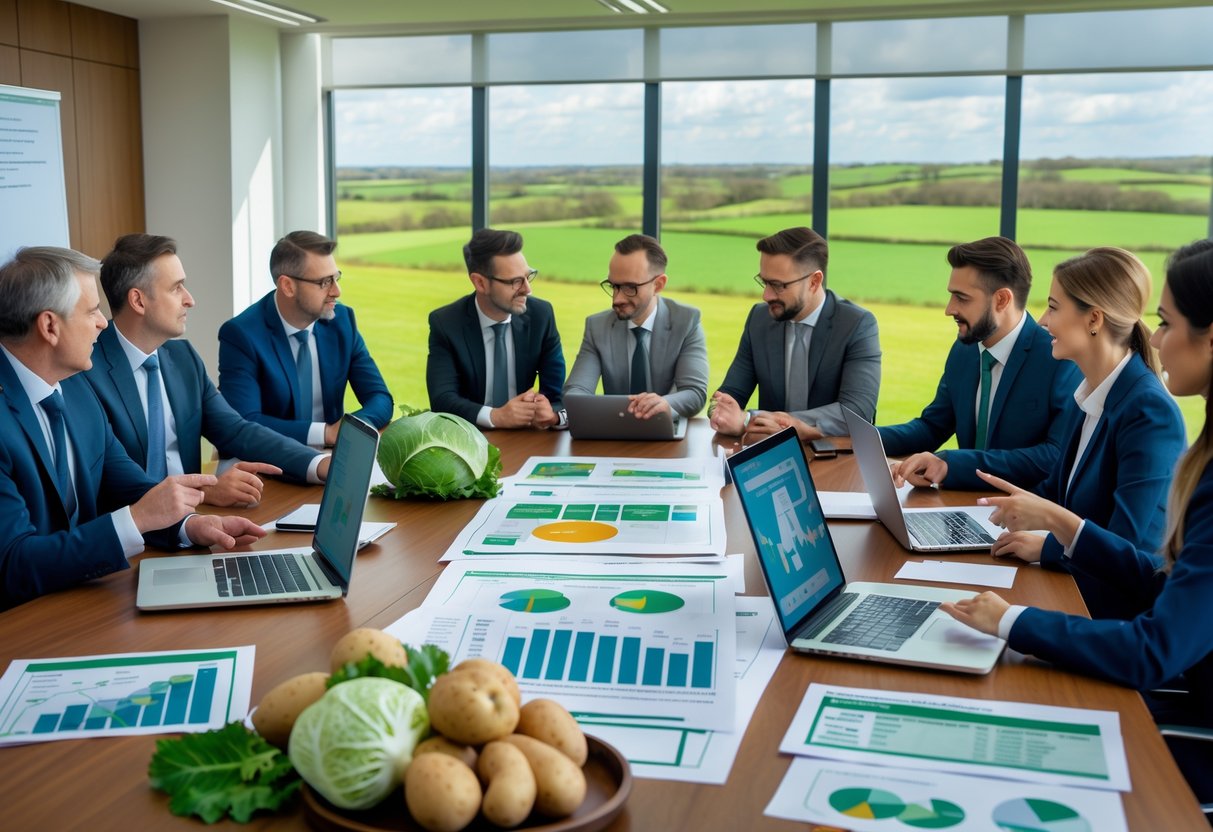 Business professionals discussing Irish food strategies around a conference table with charts and fresh Irish produce in a bright meeting room overlooking the countryside.