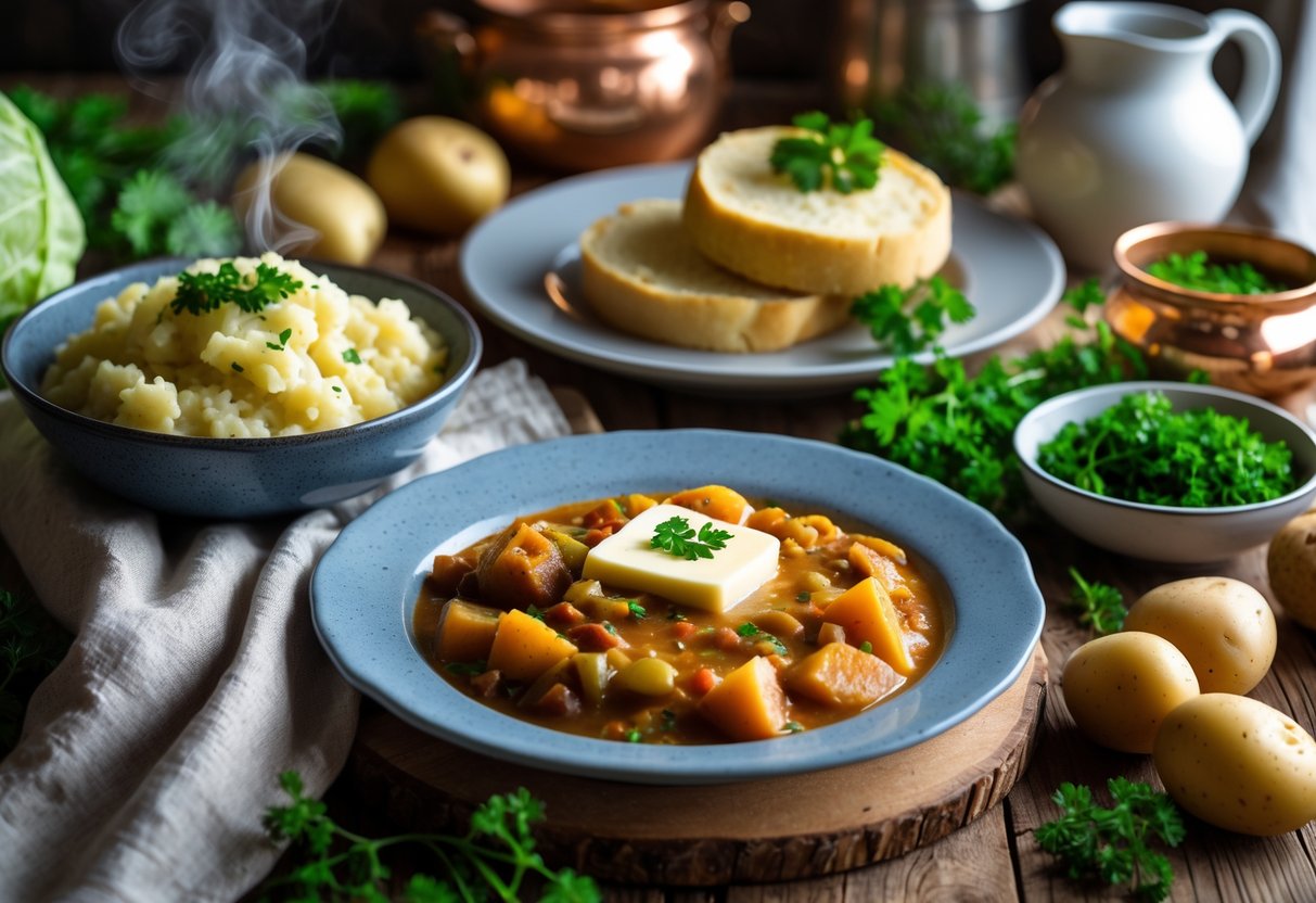 A table set with traditional Irish foods including colcannon, soda bread, and Irish stew, surrounded by fresh ingredients in a cozy kitchen.