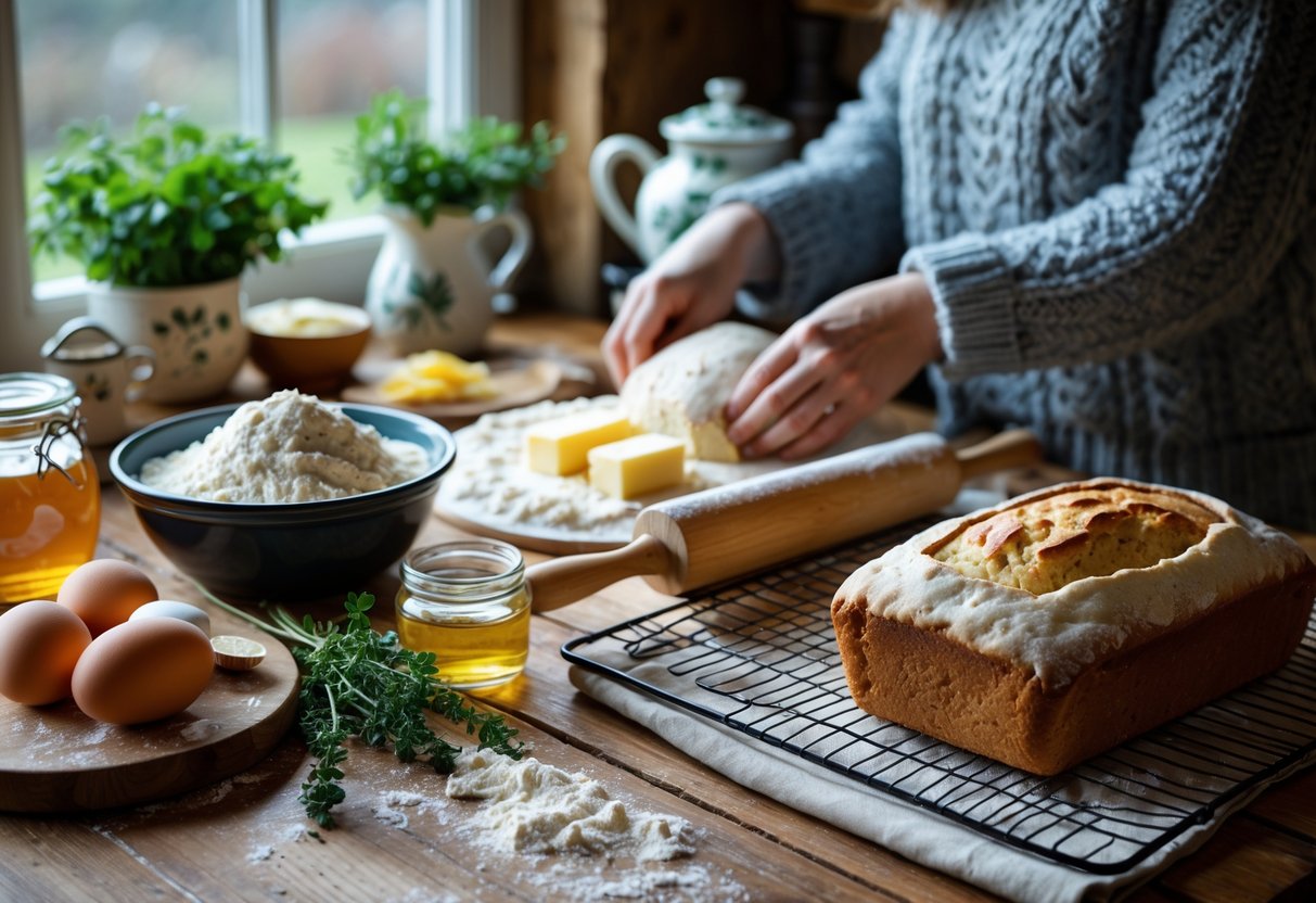 A person kneading dough on a wooden table with baking ingredients and a freshly baked loaf of soda bread nearby in a cozy kitchen.