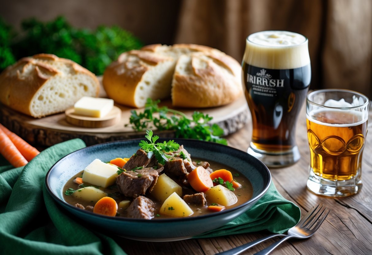 A table set with Irish stew, soda bread, a glass of stout beer, and a glass of whiskey.