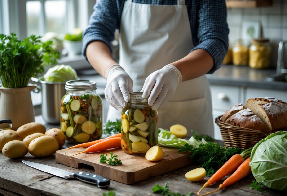 A person sealing a jar of pickled vegetables on a wooden table with fresh Irish produce and kitchen tools in a clean kitchen.