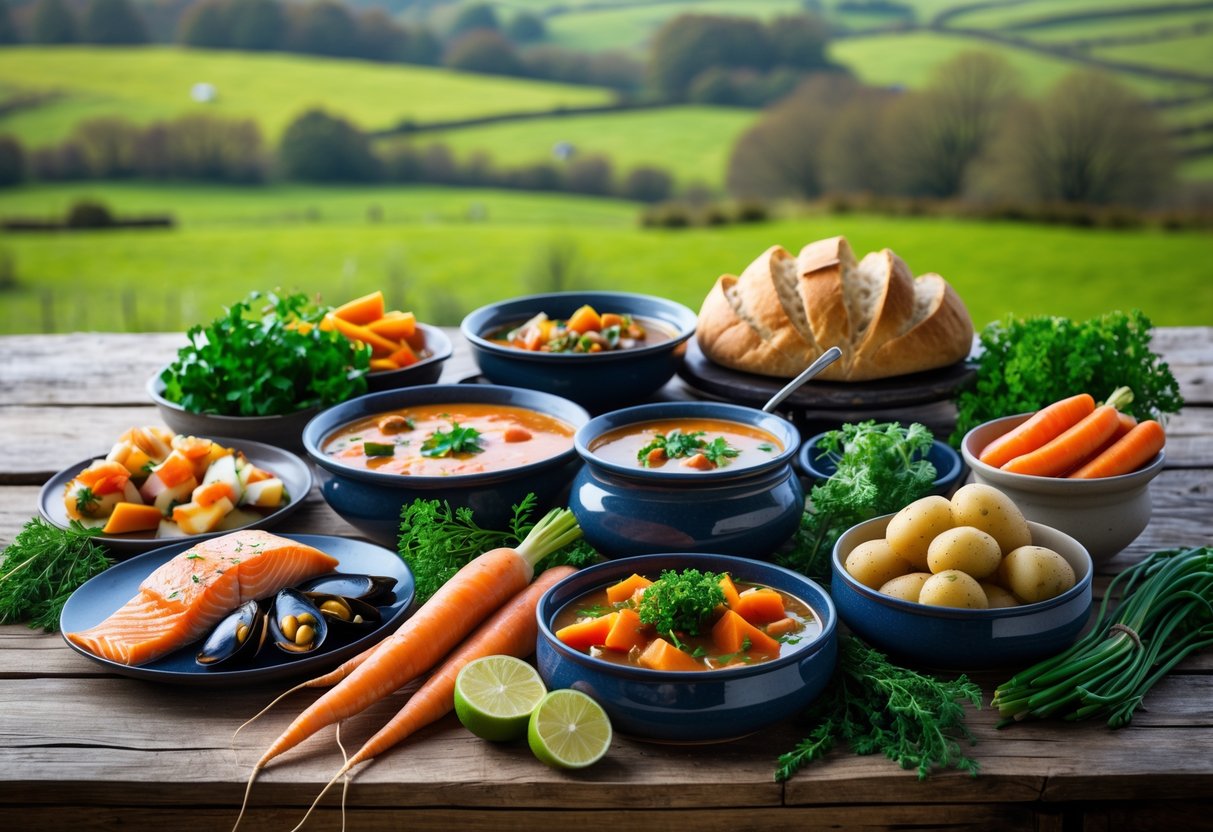 A wooden table outdoors with traditional Irish foods including seafood, stew, soda bread, and vegetables, set against a green countryside background.