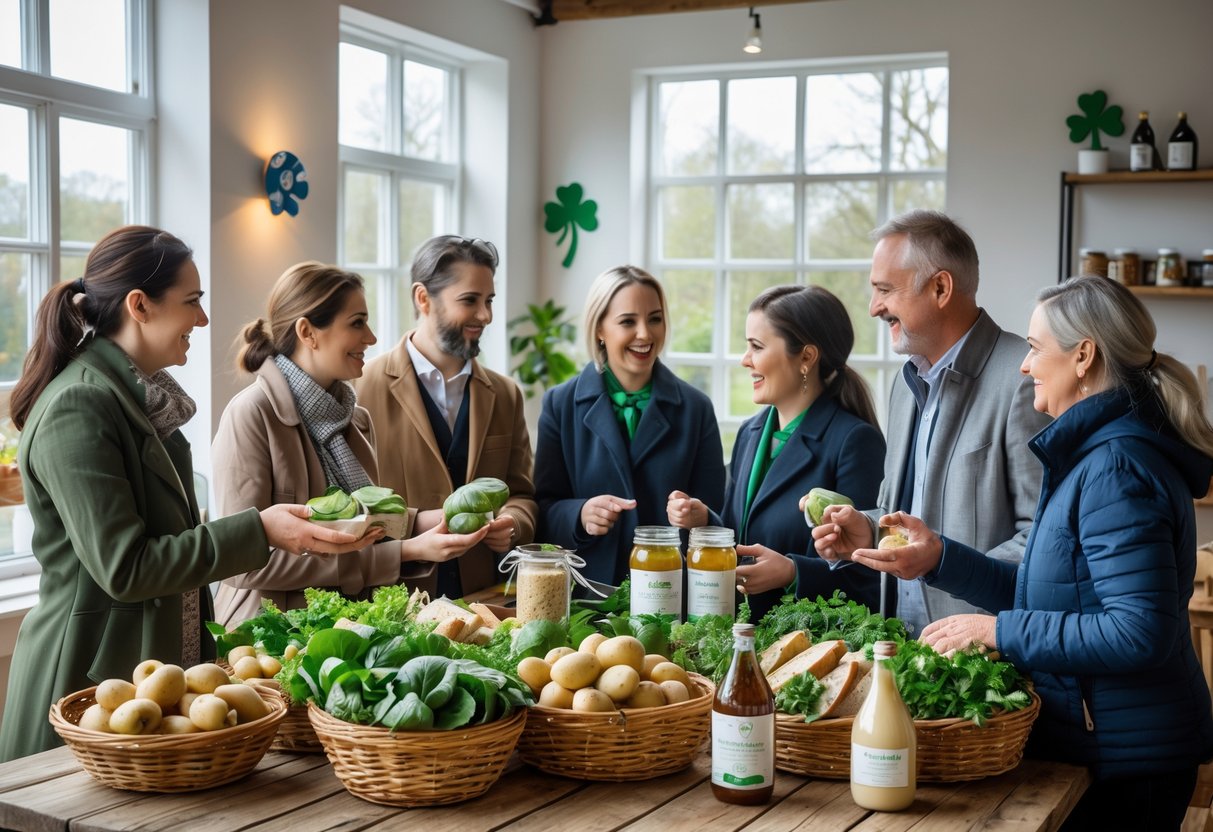 A group of people gathered around a table exchanging fresh Irish food products in a bright community space.