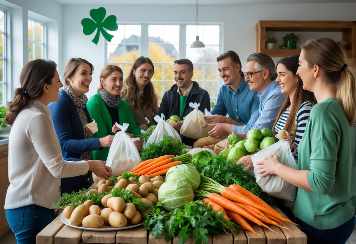 A group of people gathered around a table filled with fresh Irish vegetables and breads, smiling and packing groceries together.