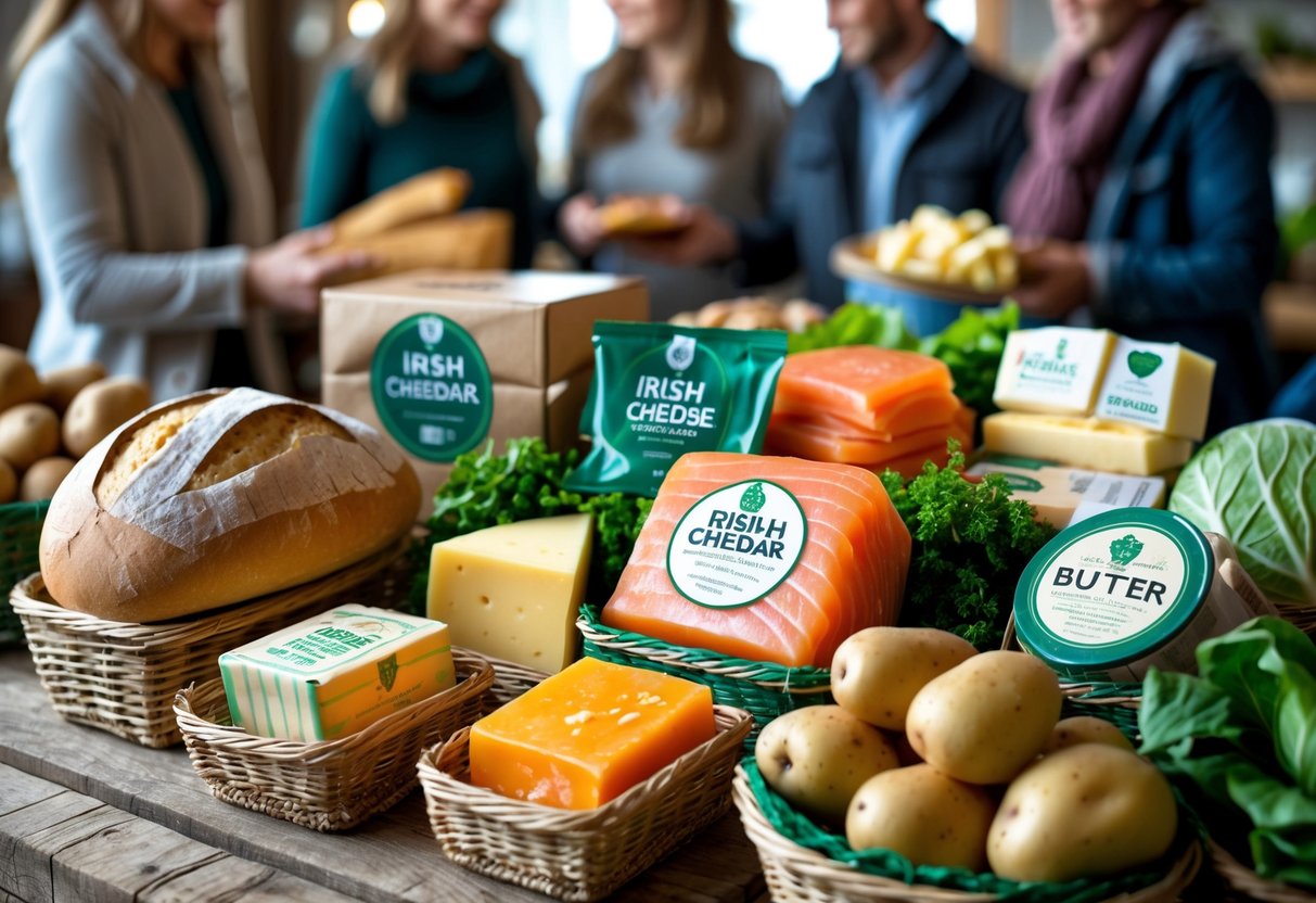 A table with a variety of Irish food products including bread, cheese, smoked salmon, butter, and vegetables, with people in the background exchanging goods in a market setting.