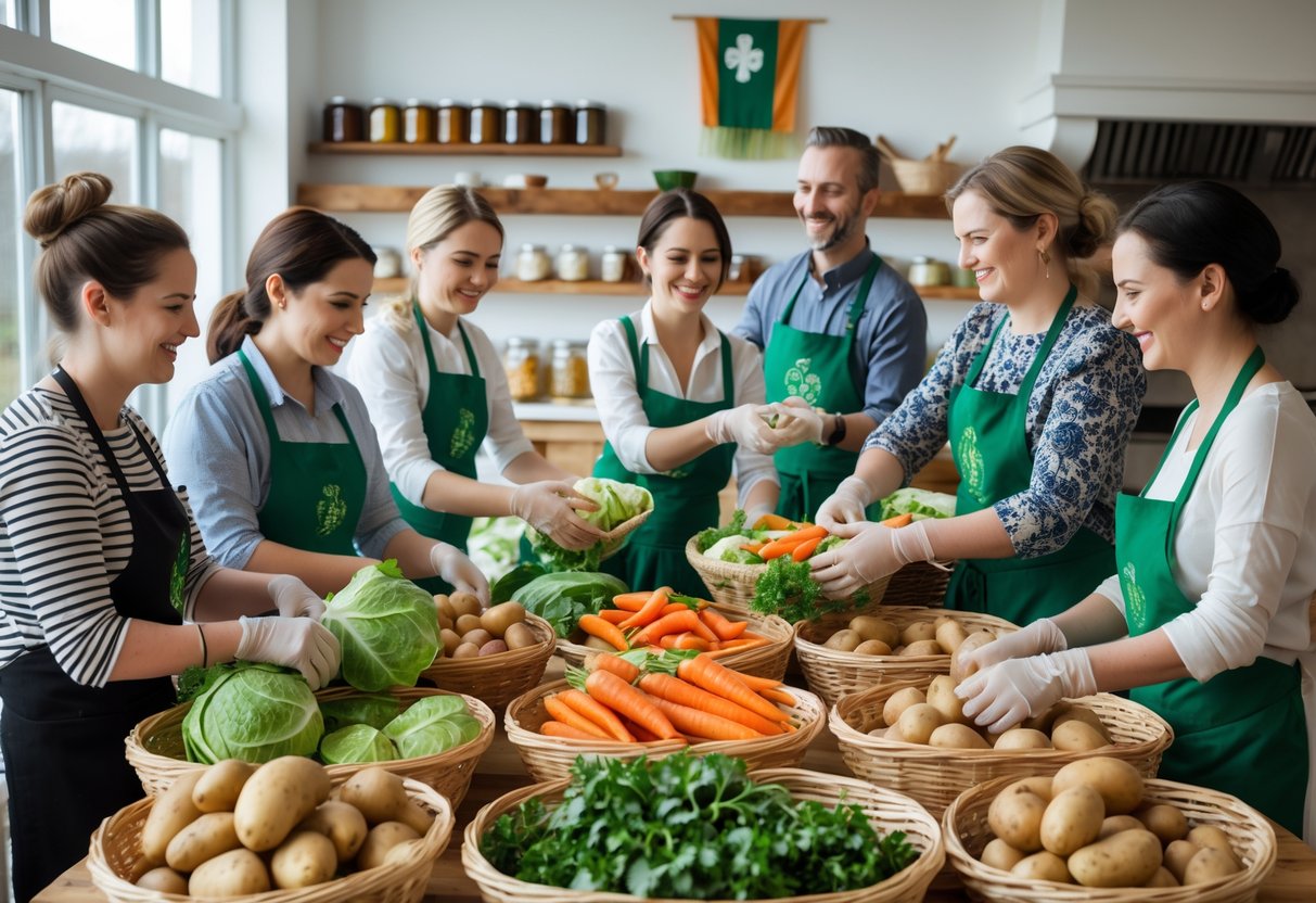 A diverse group of people working together in a bright kitchen, sorting and packaging fresh Irish vegetables and bread.