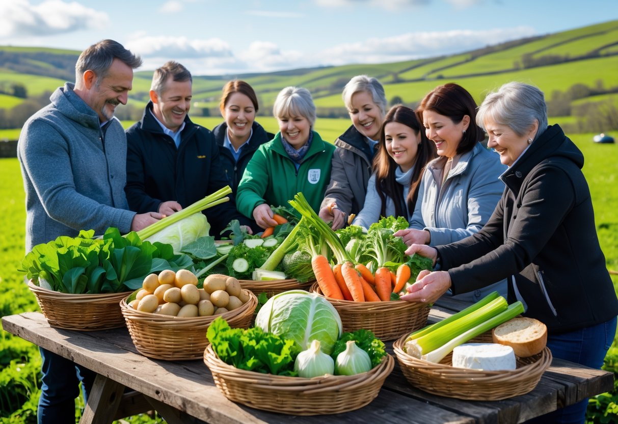 A group of people outdoors selecting fresh Irish vegetables and bread around a wooden table in a green countryside setting.