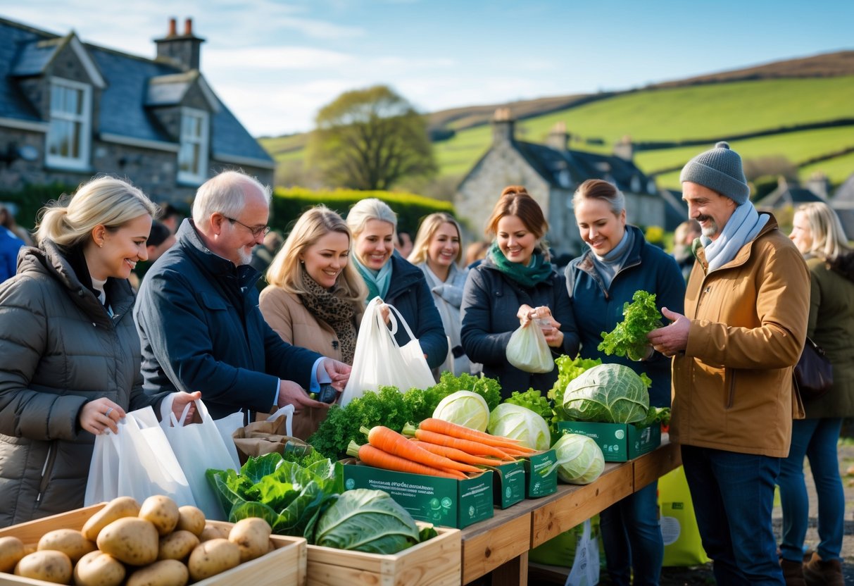 A group of people selecting fresh Irish produce together at an outdoor farmers market with green hills and stone cottages in the background.