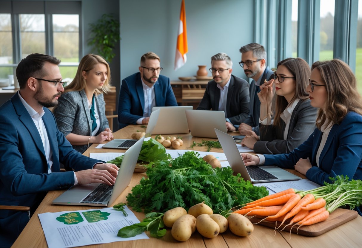 A group of people gathered around a table discussing fresh Irish produce in a bright meeting room.