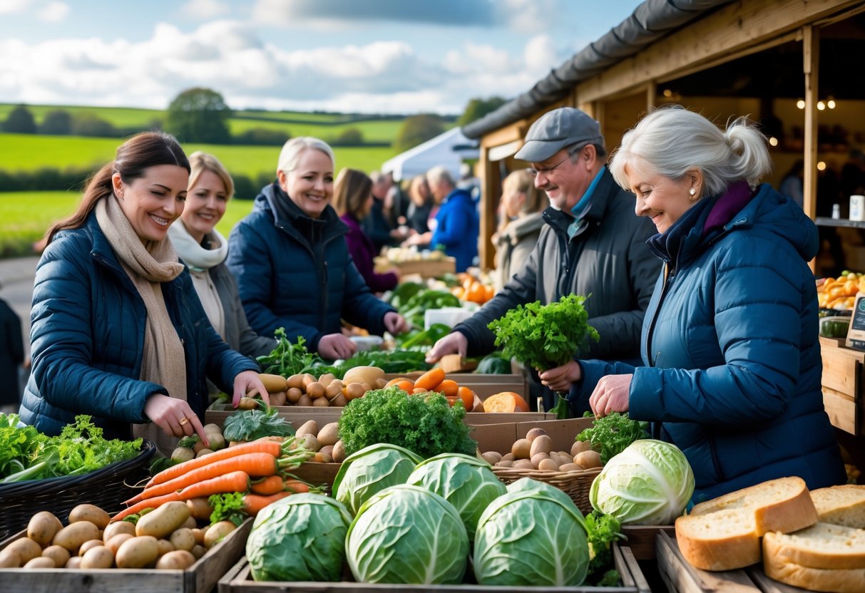 People shopping together at an outdoor farmers market with fresh Irish produce and traditional foods.