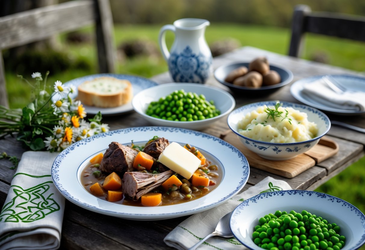 A table set outdoors with traditional Irish dishes including stew, soda bread, colcannon, and fresh peas, surrounded by rustic decor and greenery.