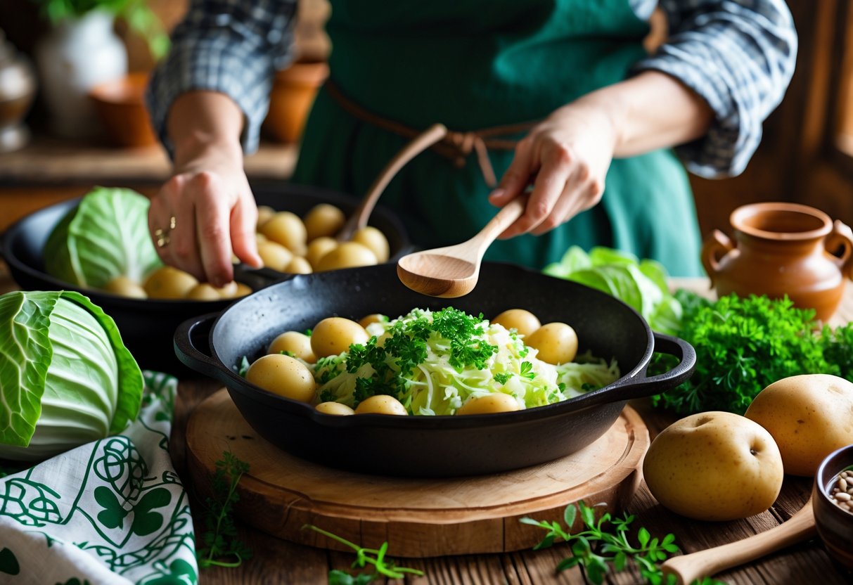 Hands preparing traditional Irish food with vegetables and cast iron cookware on a rustic wooden table.