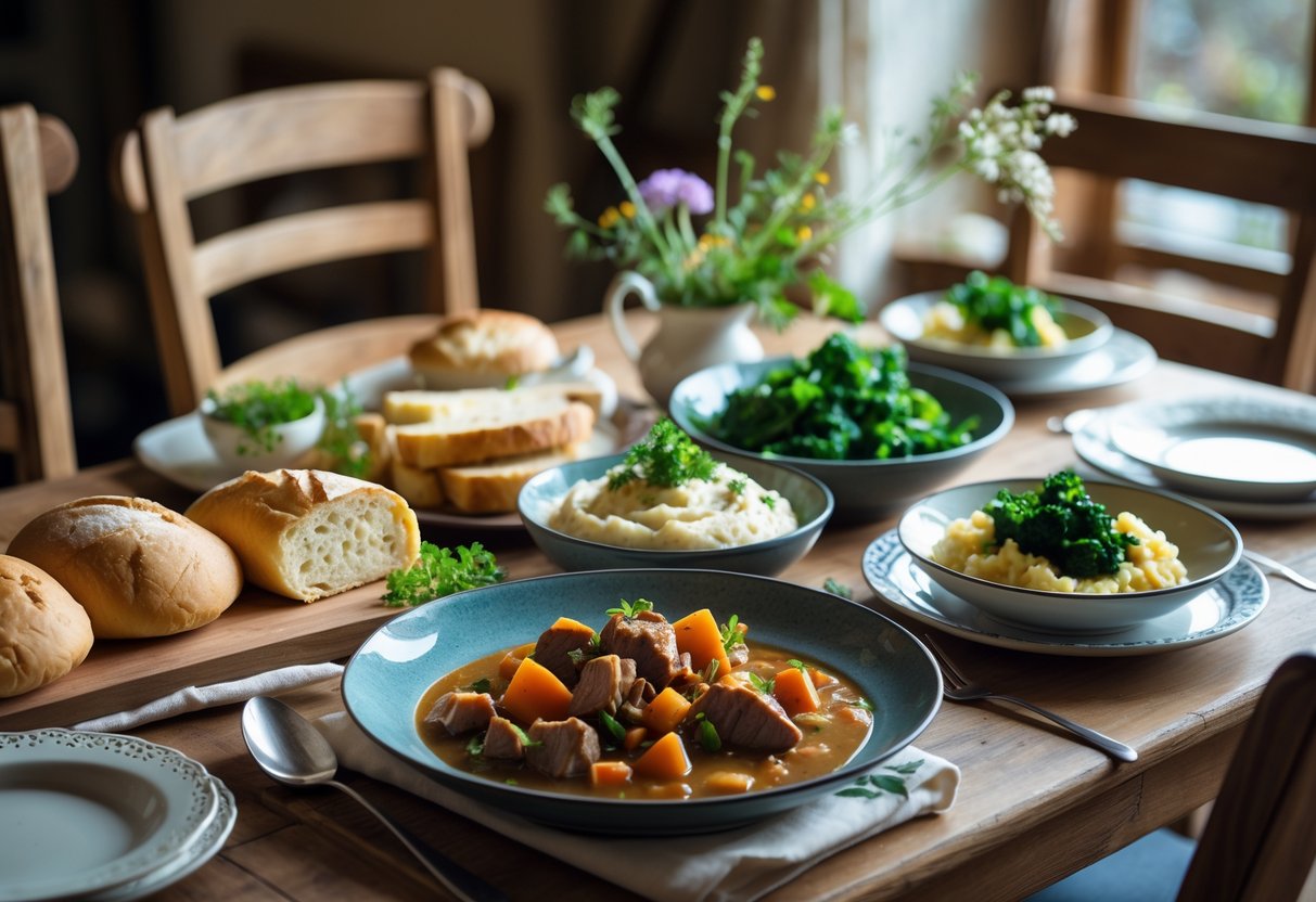 A table set with traditional Irish dishes including stew, soda bread, mashed potatoes, and salad, arranged to highlight a meaningful meal.