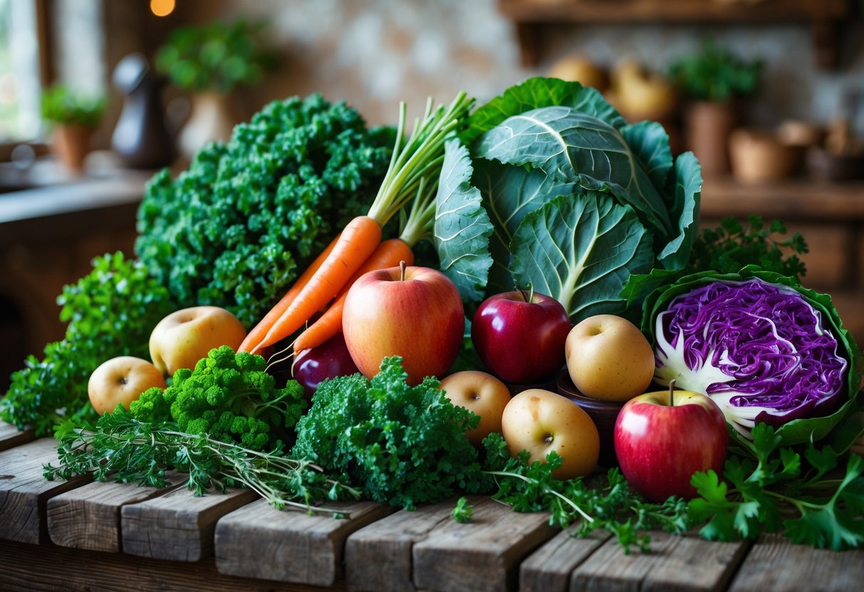 A colorful assortment of fresh fruits and vegetables including kale, carrots, apples, cabbage, potatoes, and herbs arranged on a wooden table.